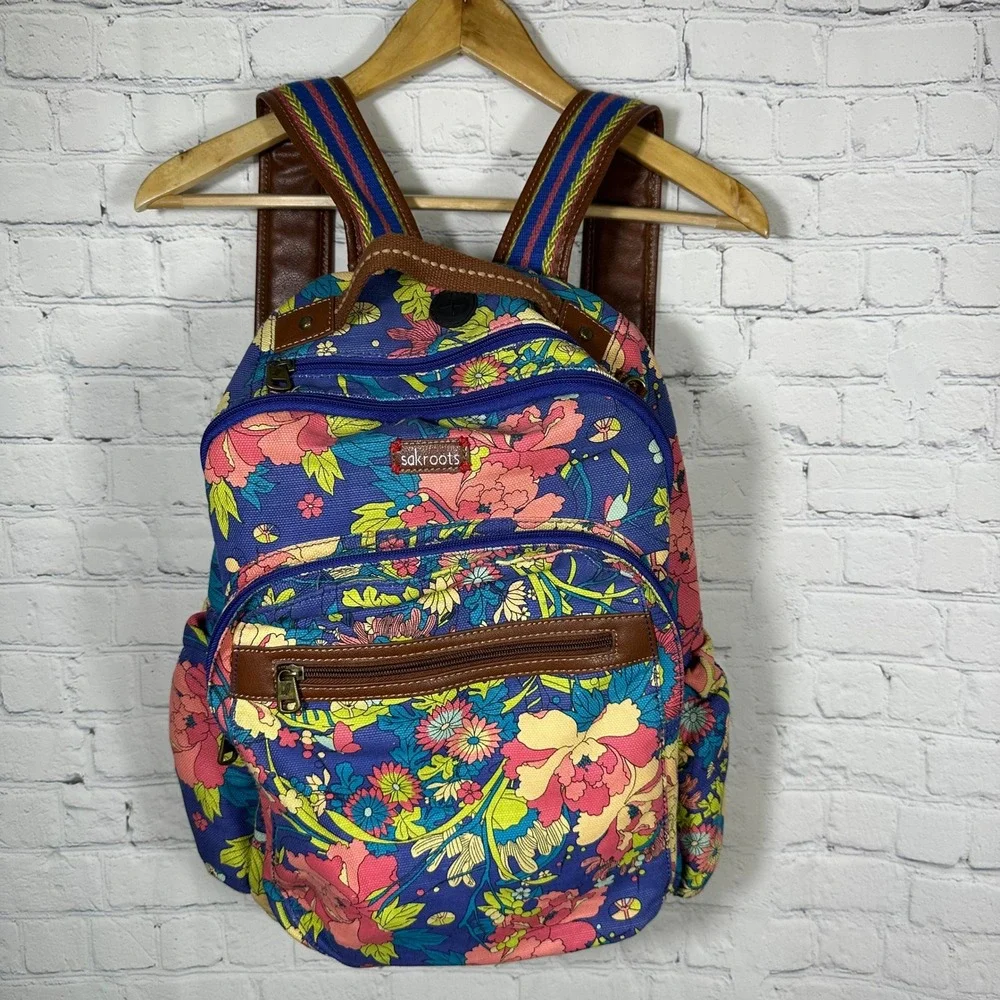 Sakroots Spirit Desert Floral Canvas Backpack Blue Pink Multi Laptop Sleeve